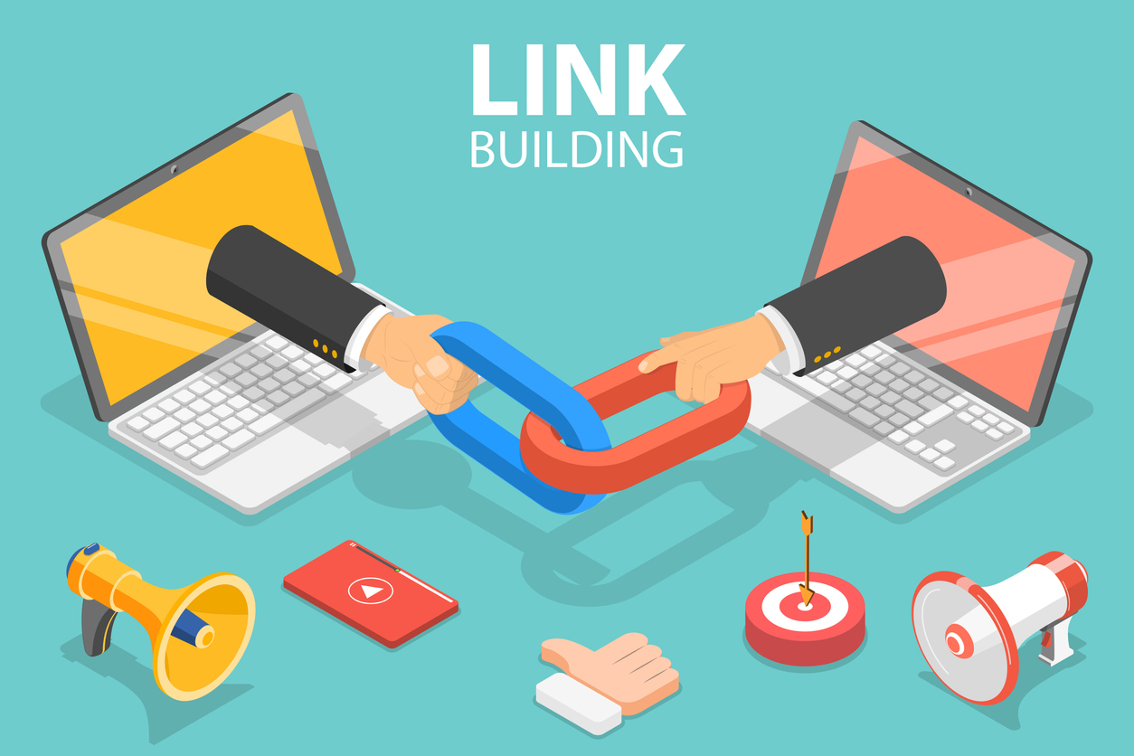 3D Isometric Flat Vector Concept of Link Building, SEO, Backlink Strategy